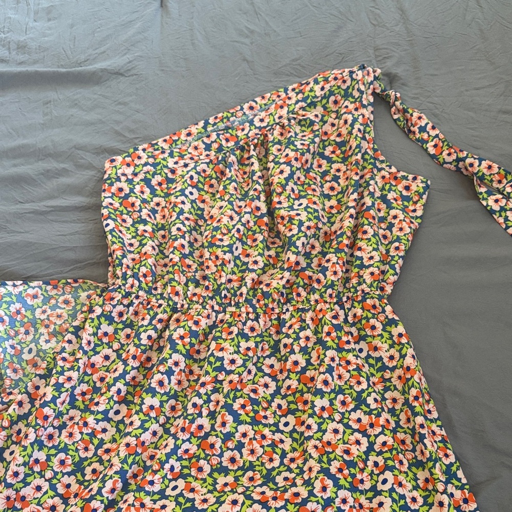 One-Shoulder Floral Sundress in Navy with Pink & Green